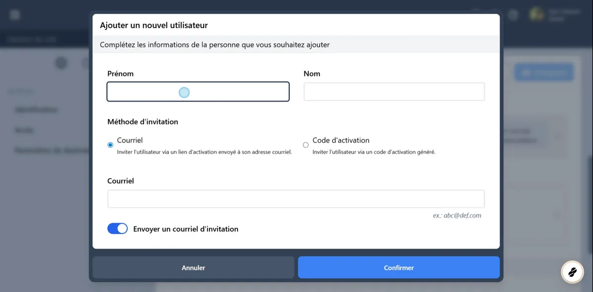 Fenêtre d'ajout d'un utilisateur.