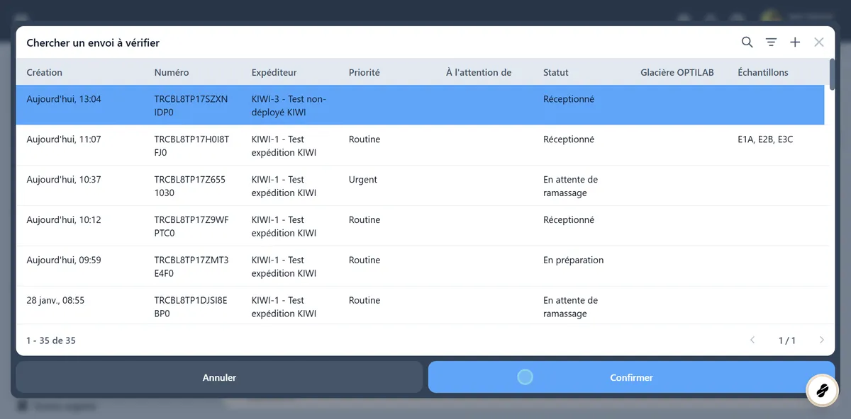Sélectionner parmi tous les envois disponibles.