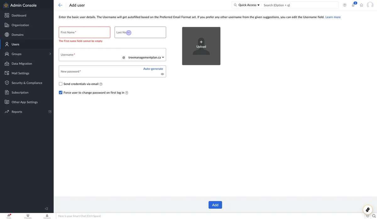 Zoho Mail - add user