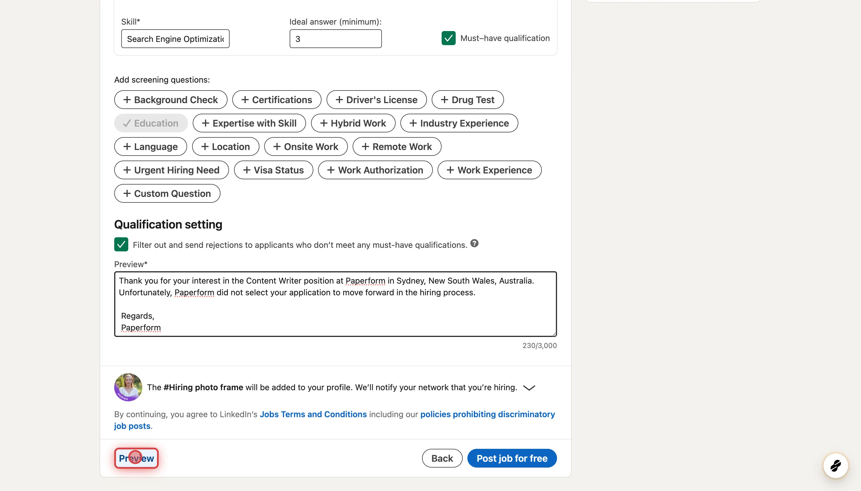 How to post a job ad with screening questions on Linkedin