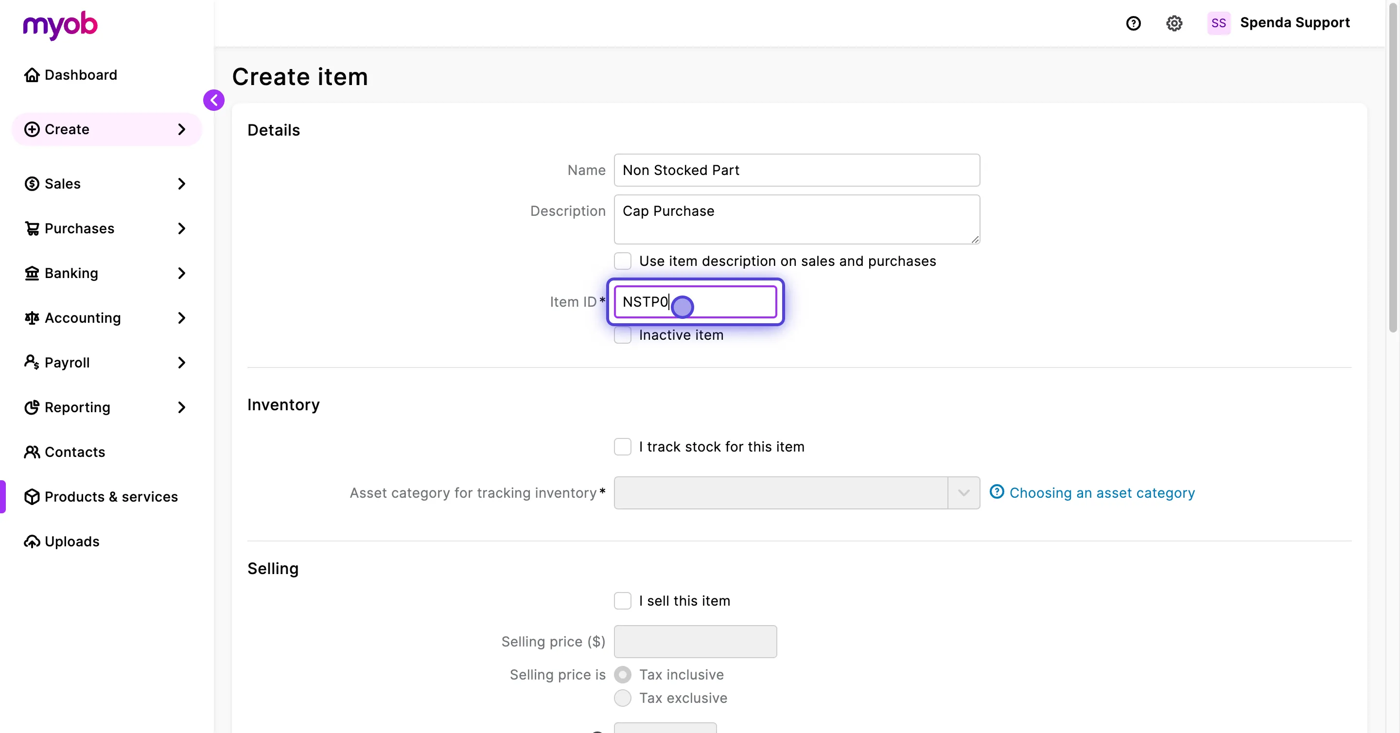 How to create inventory items in MYOB