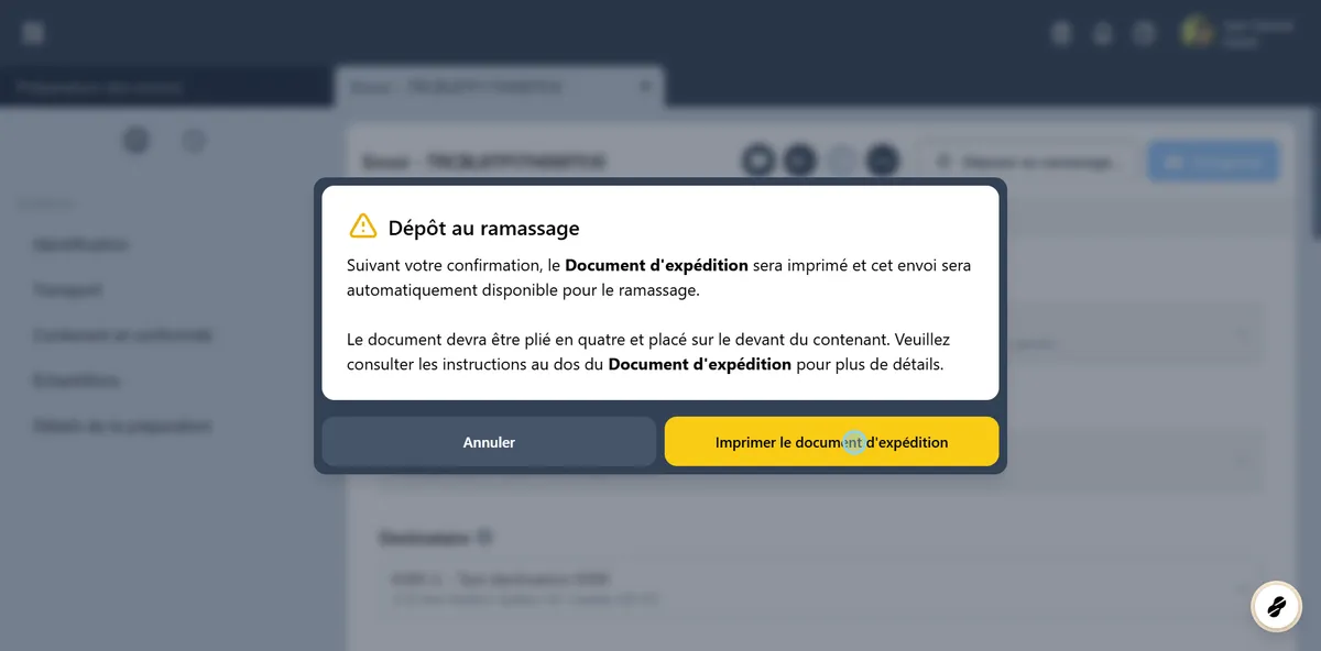Confirmer et imprimer le document d'expédition.