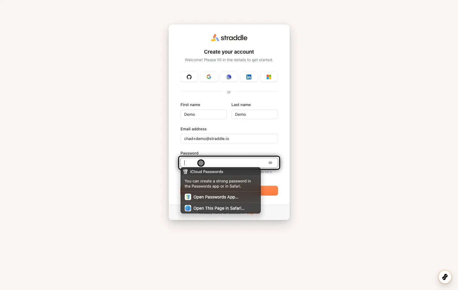 Sign up for a Sandbox account with Straddle