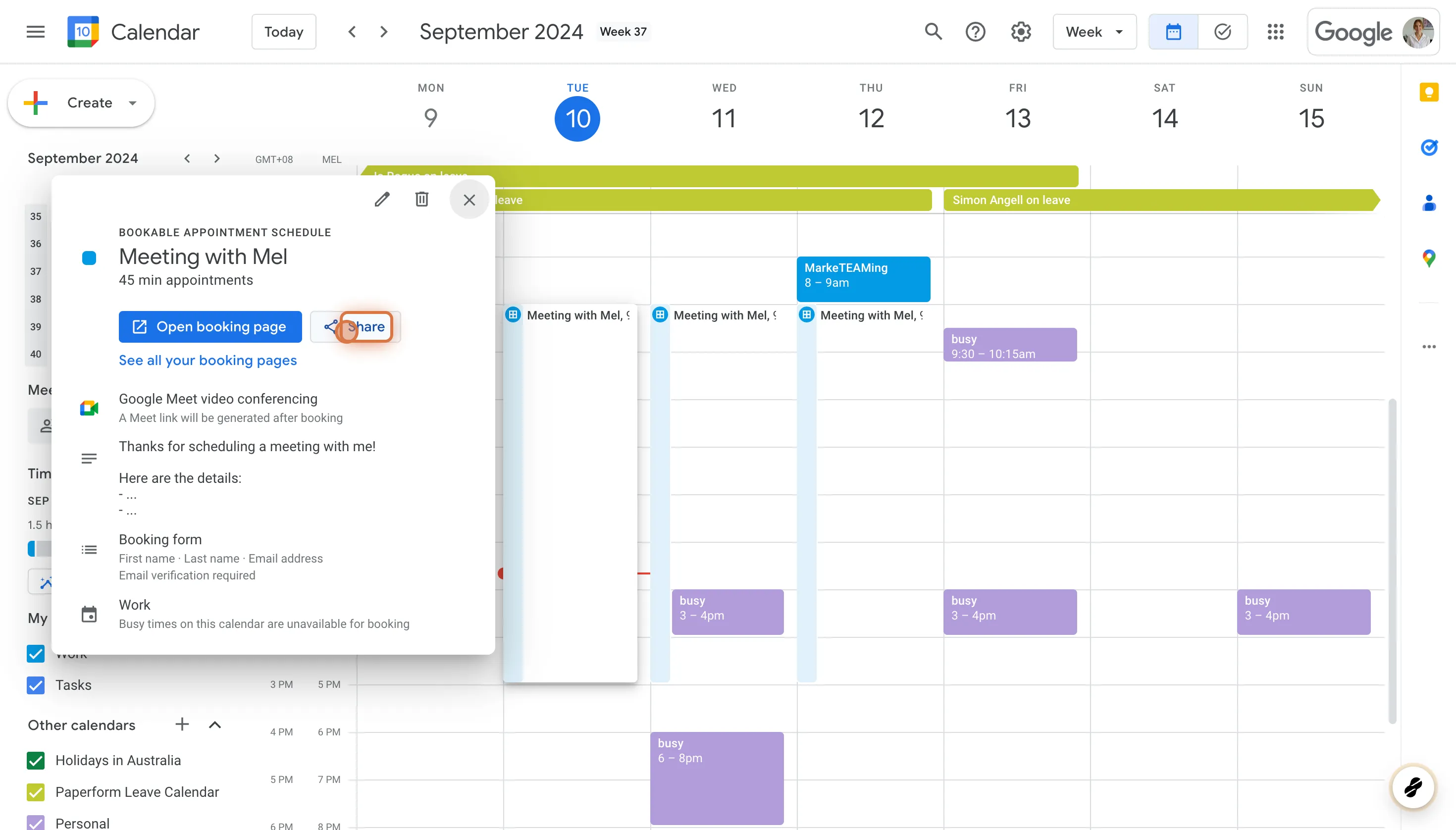 How to share a Google Calendar's Booking Page