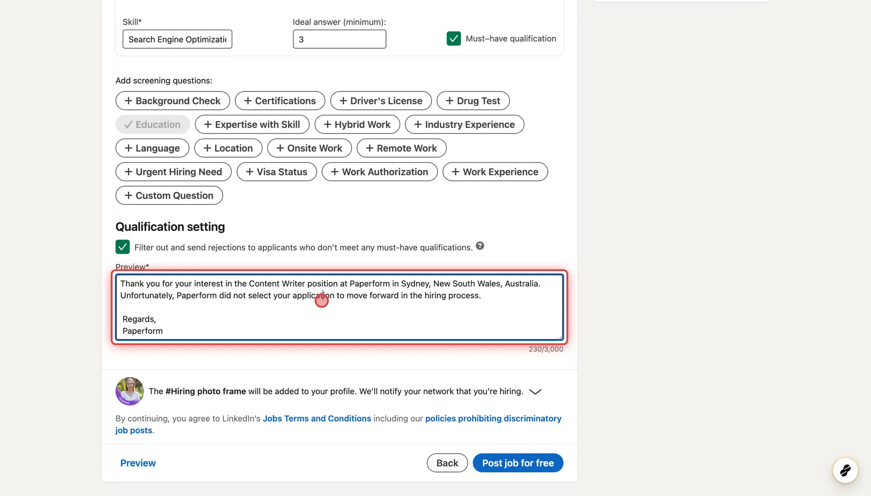 How to post a job ad with screening questions on Linkedin