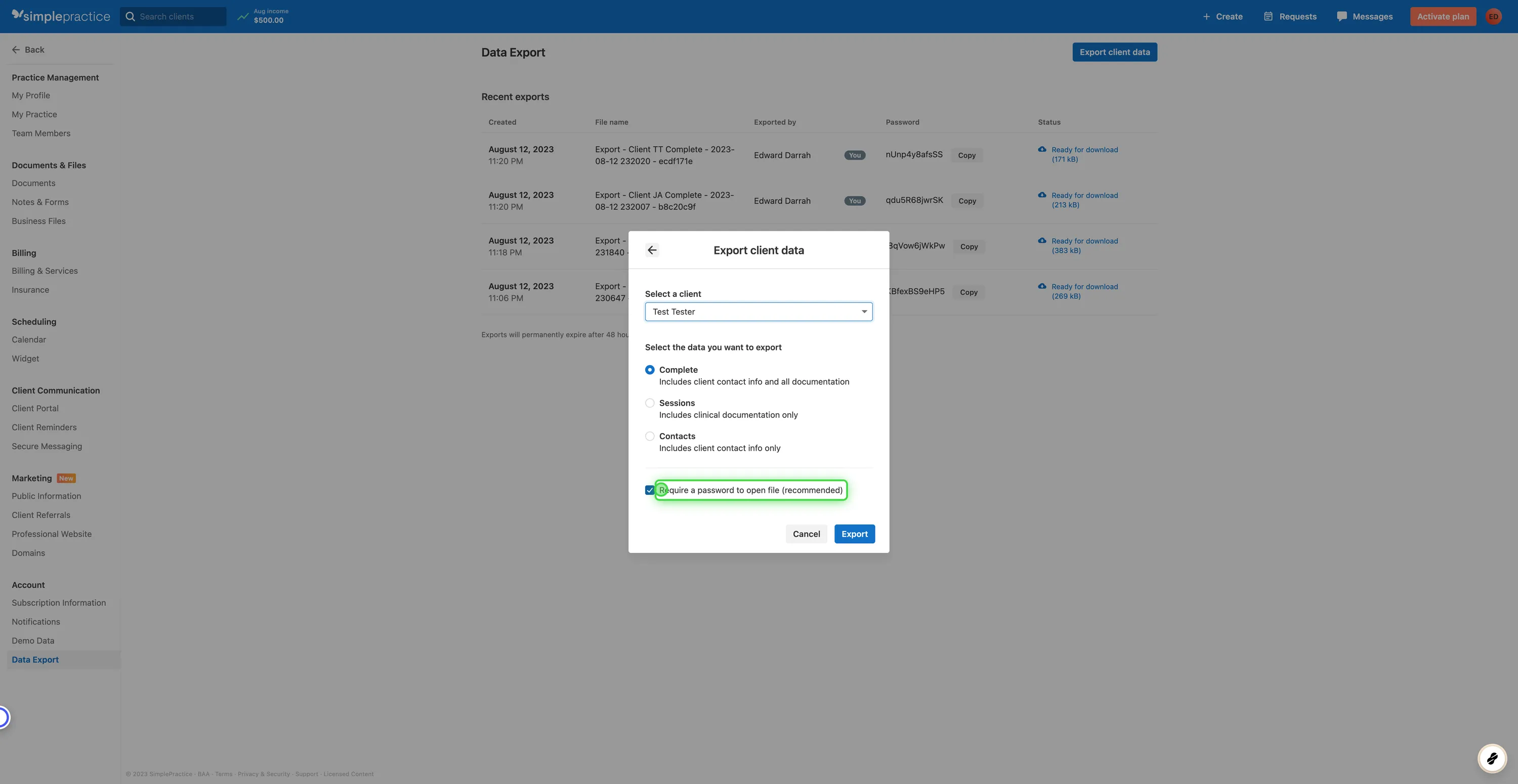 SimplePractice Client Chart Export