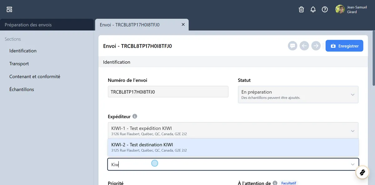 Sélectionner le Destinataire de l'envoi.