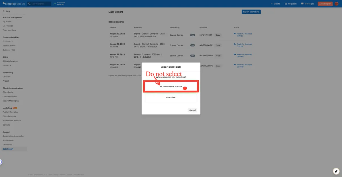 SimplePractice Client Chart Export