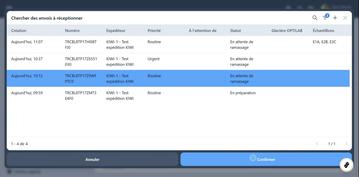Sélectionner parmi tous les envois disponibles.