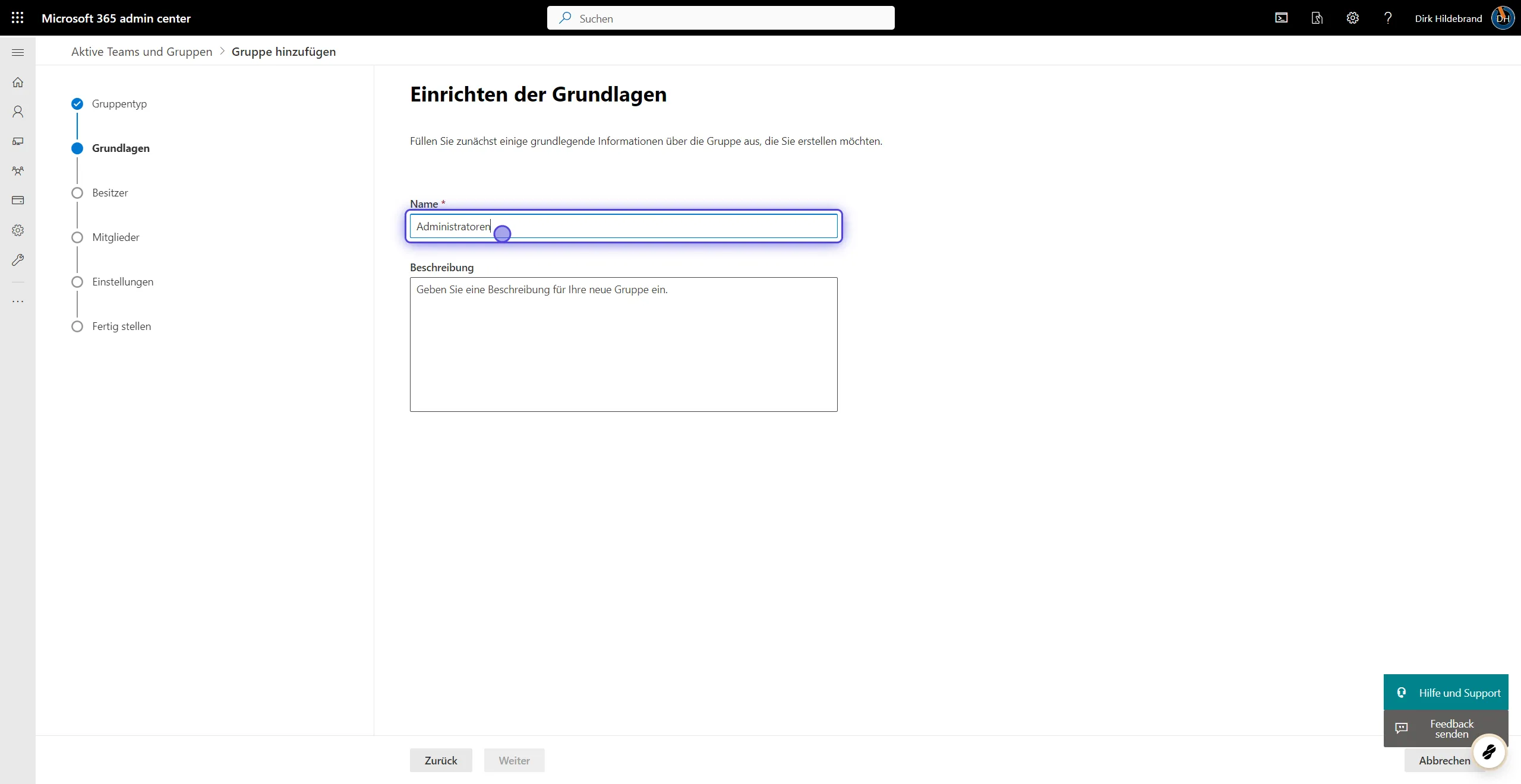 Gruppen: Microsoft 365 Gruppe hinzufügen