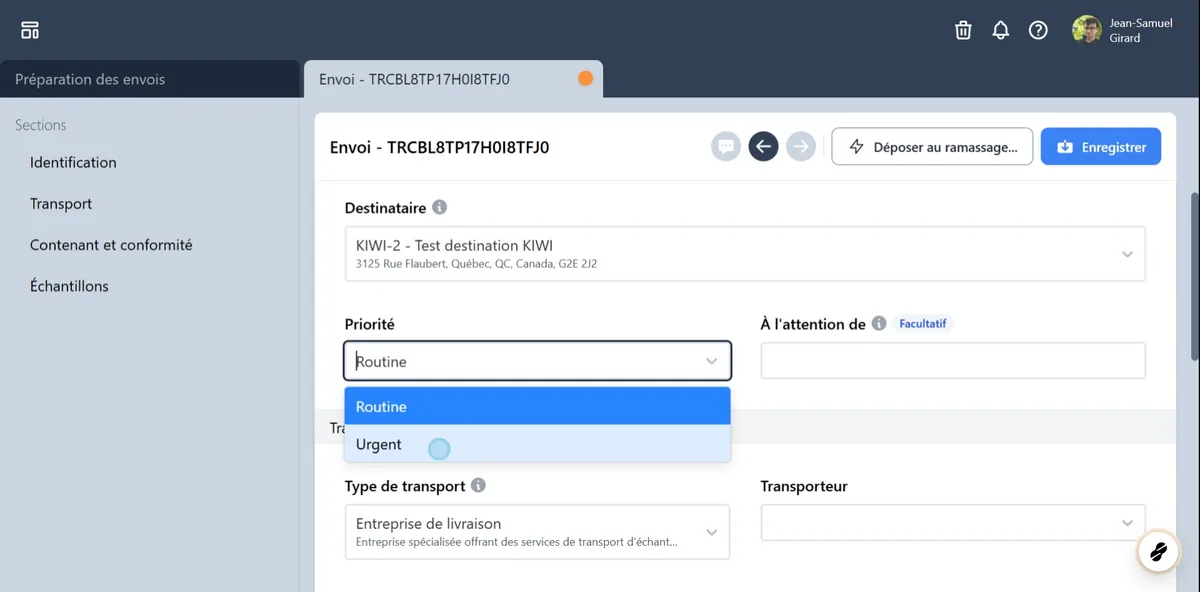 Choisir la priorité de l'envoi.