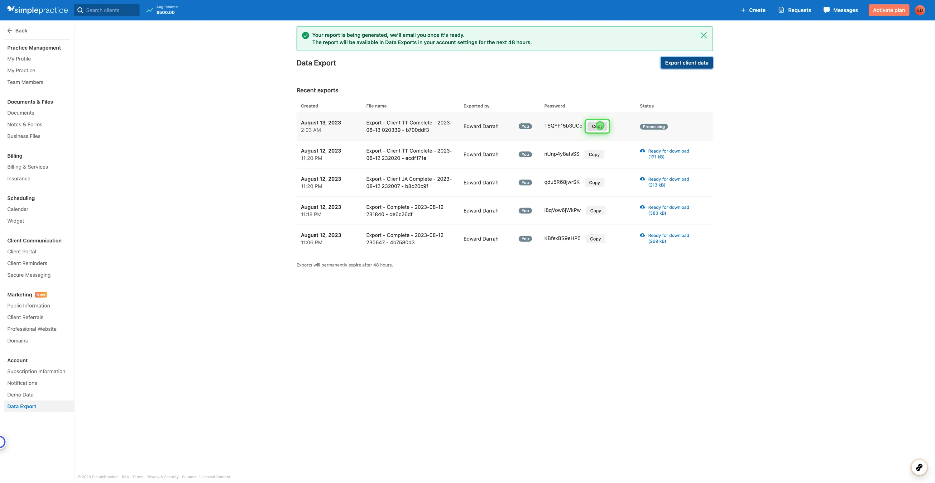SimplePractice Client Chart Export