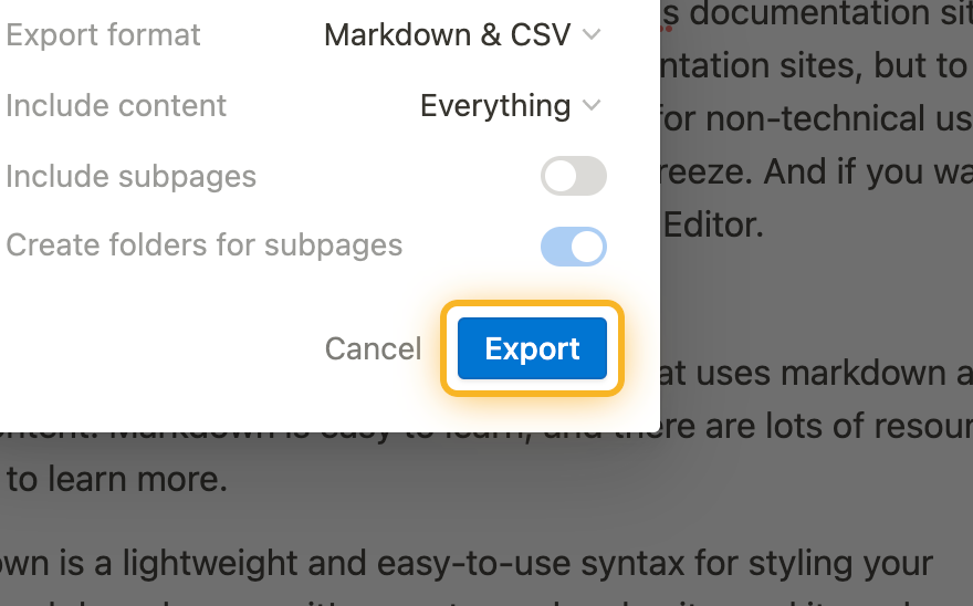 Image of export button in Notion